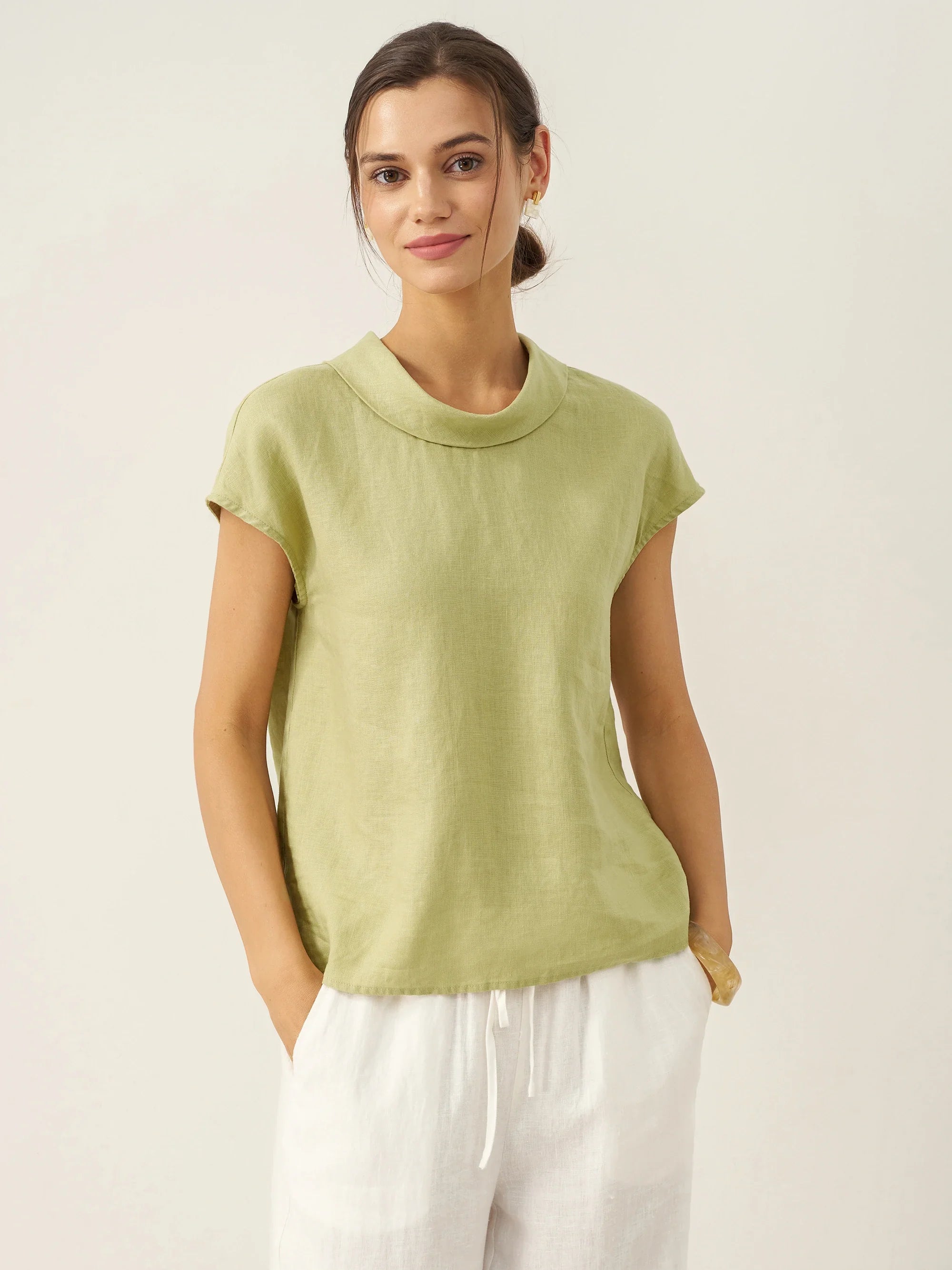 100% Linen Cap Sleeve Soft-Fold Collar Top YVONNE