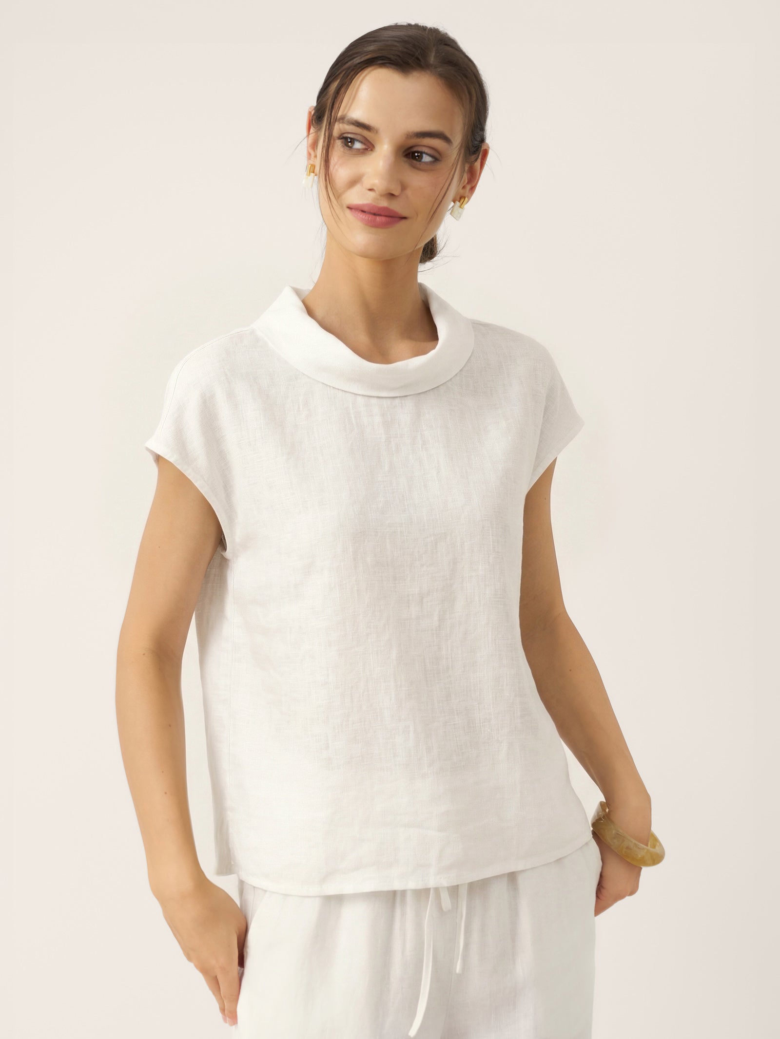 100% Linen Cap Sleeve Soft-Fold Collar Top YVONNE