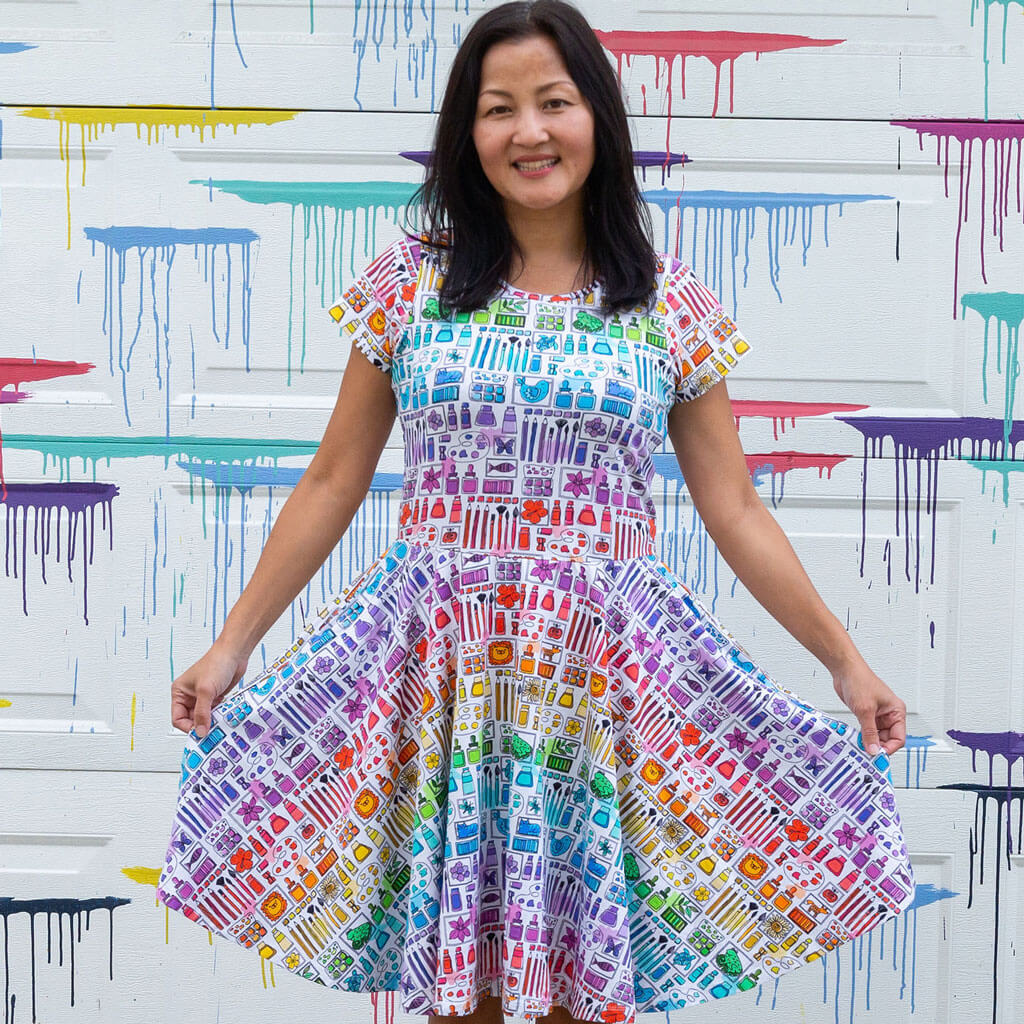 Adult "Smarty Paints" Rainbow Art Supplies Super Twirler Dress with Pockets